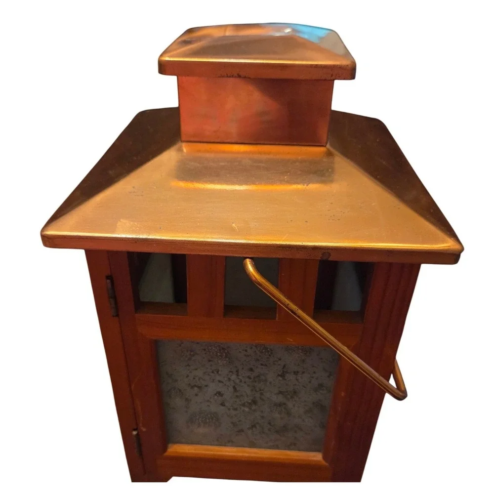 Wood Copper Candle Lantern Mission Style Rustic Seeded Textured Glass Decor